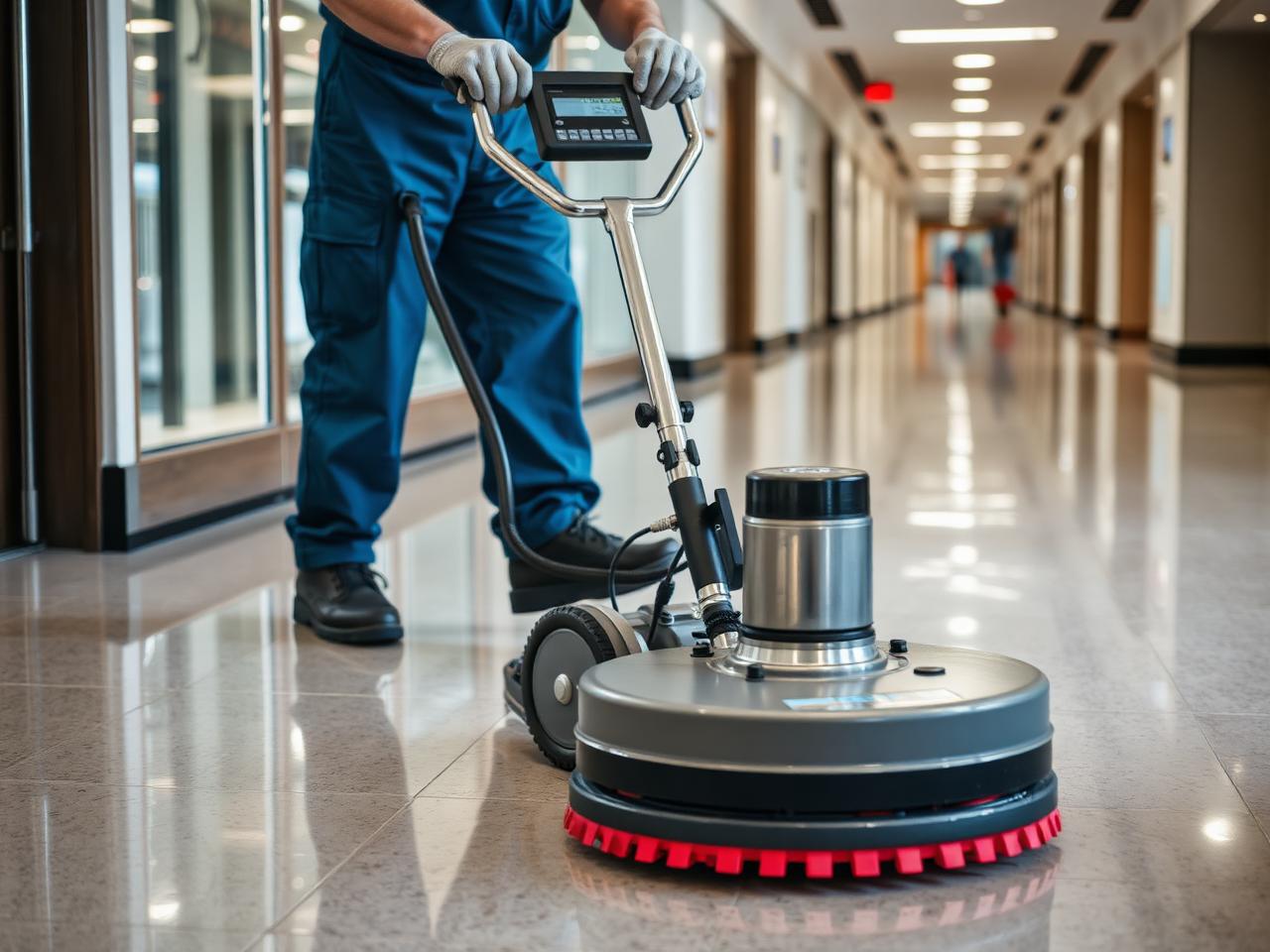 Floor scrubber in commercial corridor