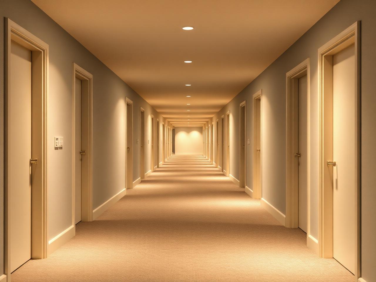 Residential hallway with unit doors and carpet